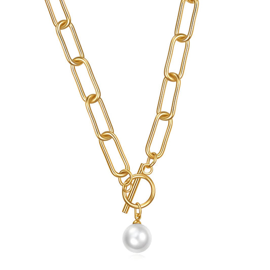 White Pearl Pendant - 18K Gold Plated Stainless Steel Necklace