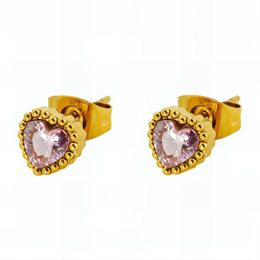 Pink Hearts - 18K Gold Plated Stainless Steel Earrings